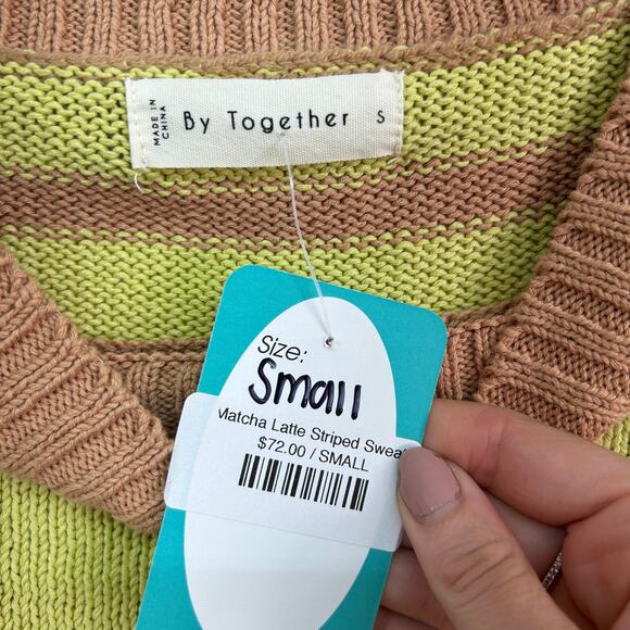 NEW By Together Boutique Off Shoulder Knit Matcha Latte Striped Sweater Small - Picture 6 of 7